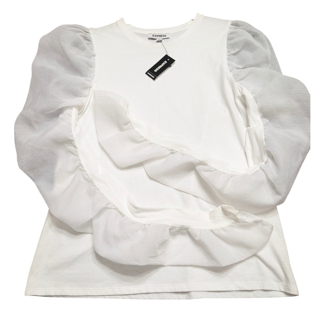 Express White Sheer Accent Puff Sleeve Mix Media Ruffle Blouse Top NWT Small